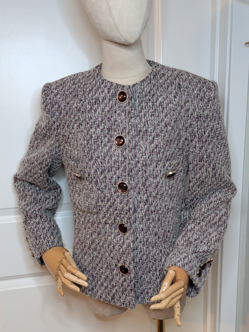 Vintage 80s Women's Tweed Blazer Pink Grey Purple Pastel Winter Wool Sz M